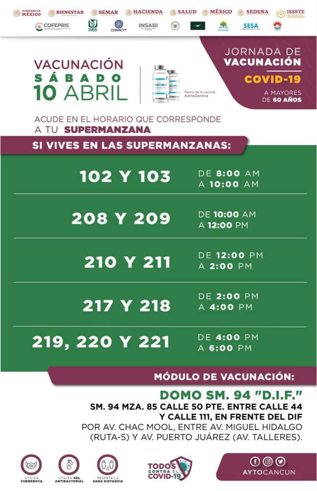 Jornada de Vacunación Sábado 10 Abril 2021 Cancun QuintanaRoo