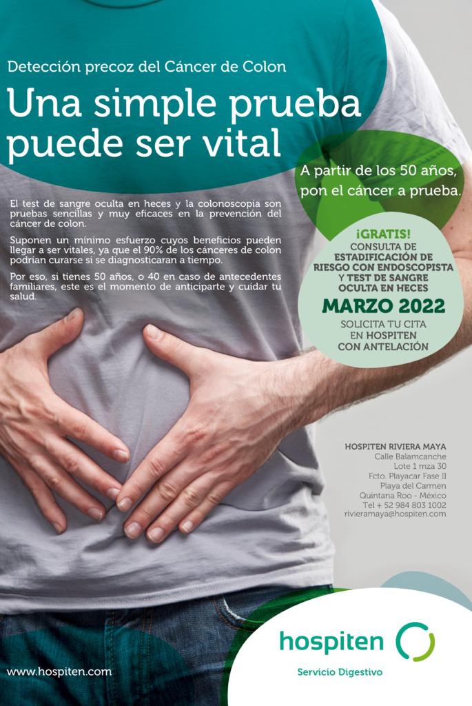 Hospiten Riviera Maya activa campaña de pruebas y consulta gratuitas para detectar el cáncer de colon.