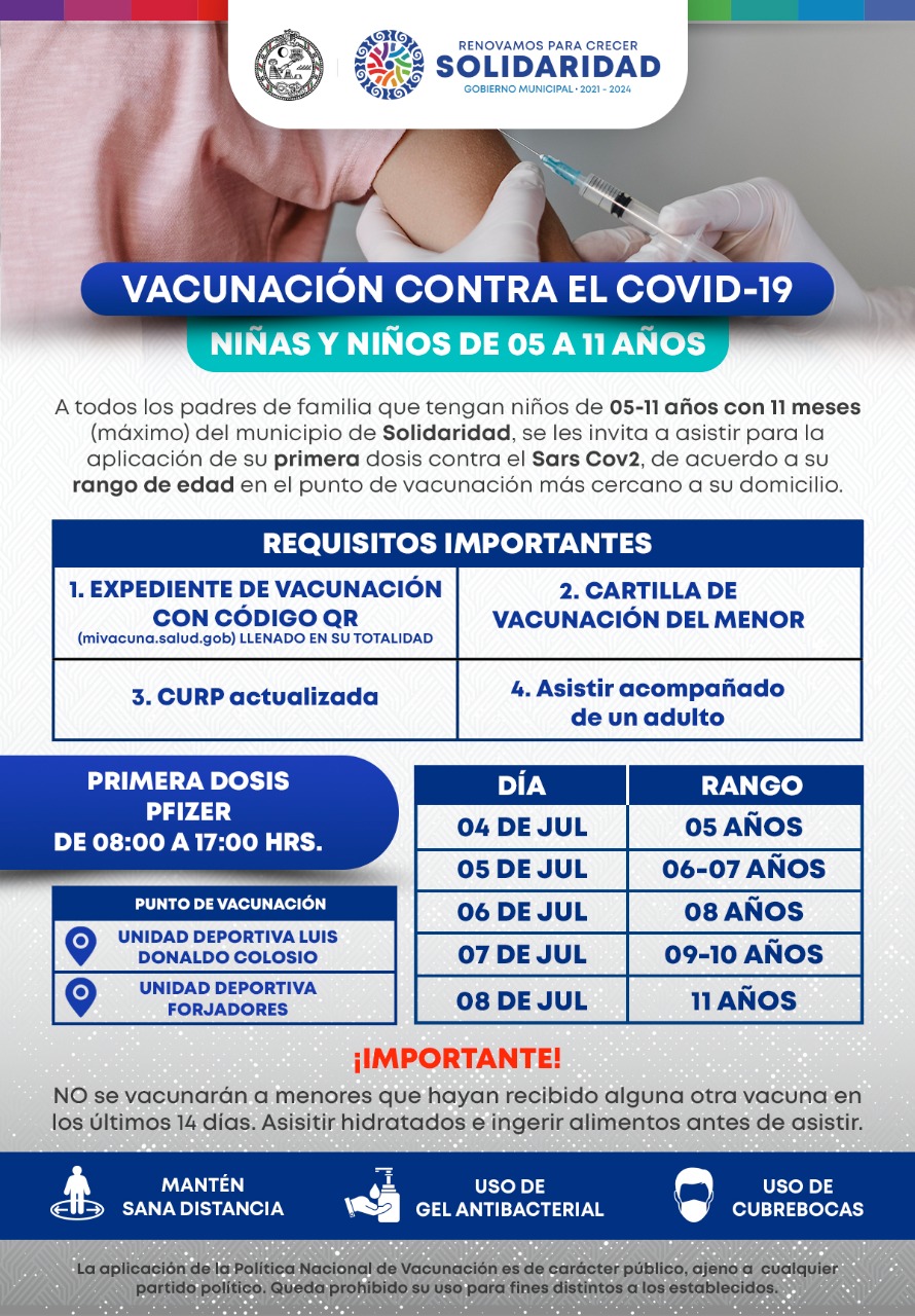 Inicia el 4 de julio vacunación para niños solidarenses