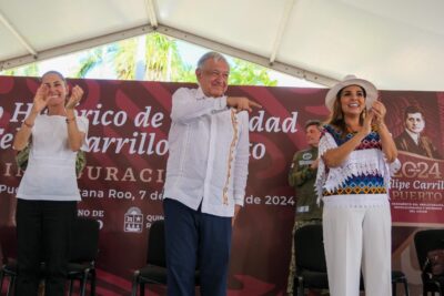 El presidente Andrés Manuel López Obrador, la presidenta electa Claudia Sheinbaum y la gobernadora Mara Lezama Espinosa inauguraron el Museo Histórico maya de Felipe Carrillo Puerto.