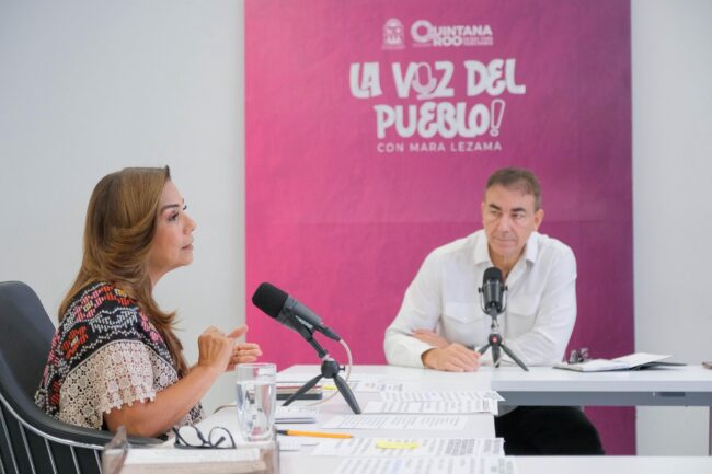 Mara Lezama alerta sobre fraudes de falsos gestores e invita a denunciar ante la Fiscalía General del Estado y verificar la propiedad en SEDETUS durante La Voz del Pueblo