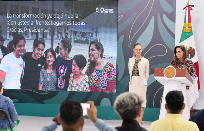 Conferencia matutina de la presidenta de Méxcio Claudia Sheinbaum en Quintana Roo: Mara Lezama destaca crecimiento, inversión y justicia social.