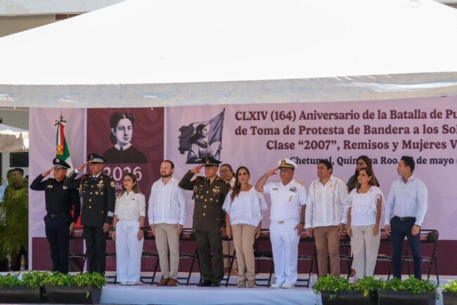 Toma de Protesta de Bandera de conscriptos del SMN en Quintana Roo encabezada por Mara Lezama en el 164 Aniversario de la Batalla de Puebla.