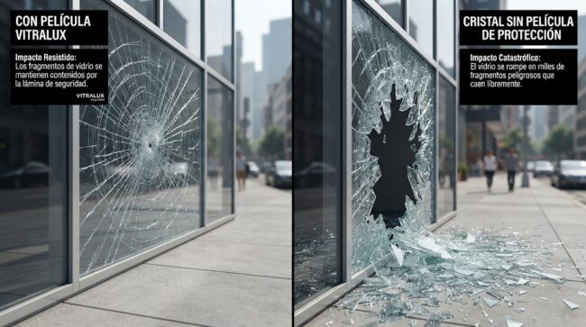Película de seguridad que ayuda a contener vidrio roto 
