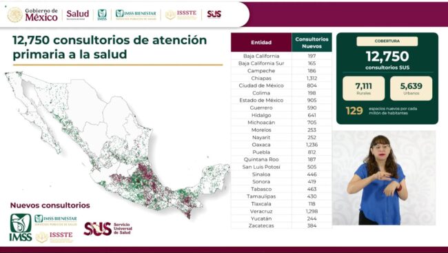 mapa de consultorios durante el anuncio de Mara Lezama de los 187 consultorios del Servicio Universal de Salud, con elementos visuales que representen la atención médica en comunidades de Quintana Roo.