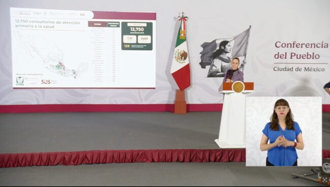 Mara lezama anuncio de los 187 consultorios del Servicio Universal de Salud, con elementos visuales que representen la atención médica en comunidades de Quintana Roo.