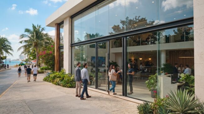 Película antiestallante Cancún instalada en fachada de cristal