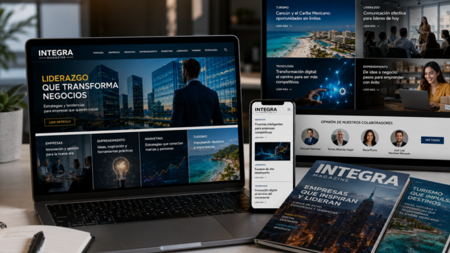 Integra Magazine, una revista empresarial que trata temas de turismo, marketing, relaciones públicas y comunicación.