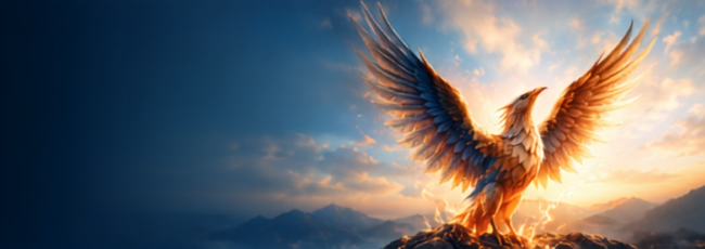 Ave Fenix resurgiendo de las cenizas como símbolo de renacimiento y transformación personal.